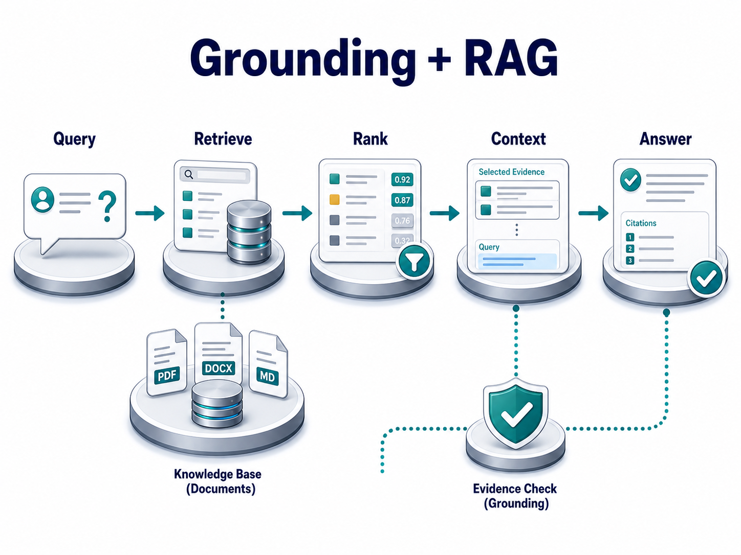 Diagram of a grounding and RAG pipeline from query through retrieval, ranking, context assembly and grounded answer.