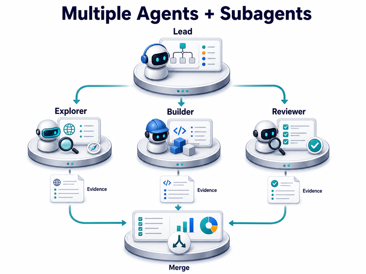 Diagram of a lead agent delegating work to explorer, builder and reviewer subagents before merging evidence.