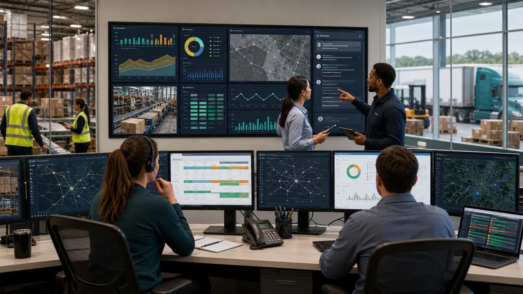Retail logistics control room connected to warehouse operations and distribution planning dashboards for fulfillment, inventory and route exceptions.